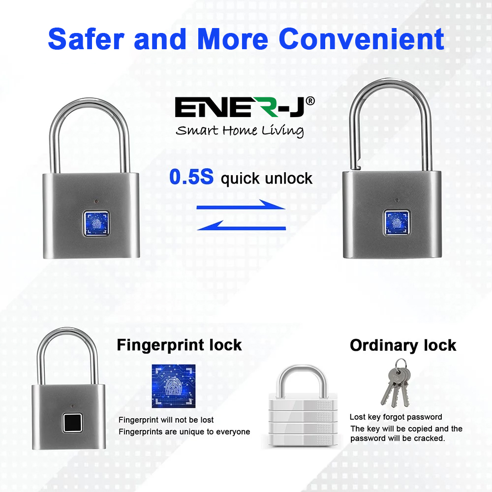 Ener-J Smart Fingerprint Padlock Up To 10 Prints No Keys Needed Smart & Safe 
